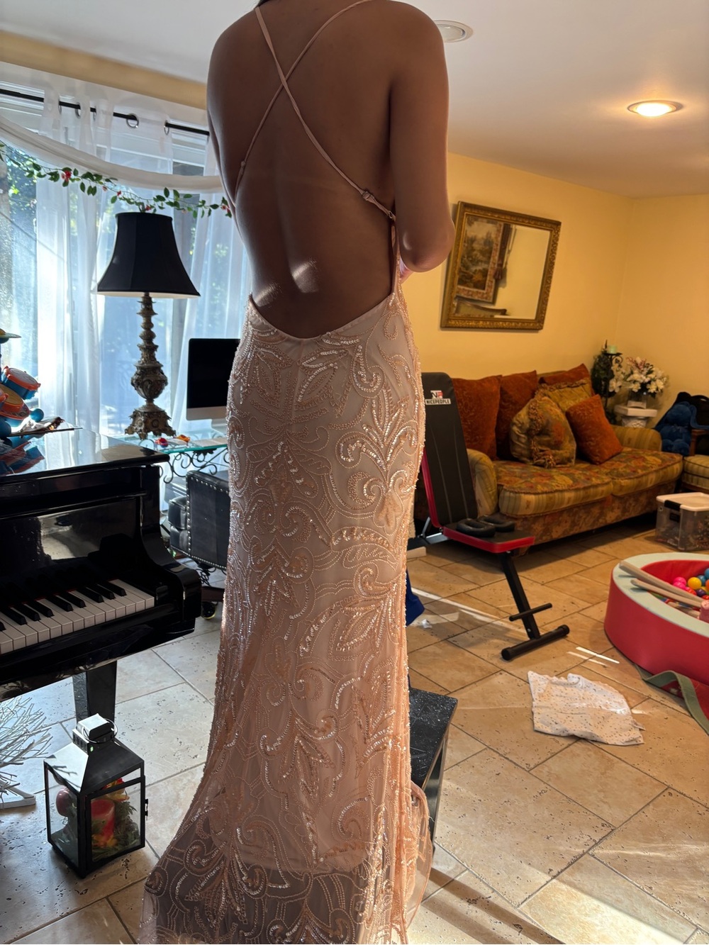 Scala Peach Beaded Spaghetti Strap Prom Dress - Picture 4 of 8